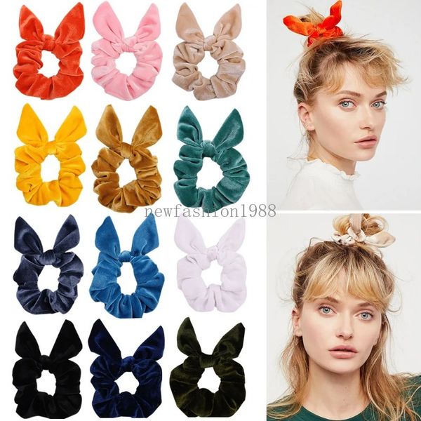 Chouchous en velours avec oreilles de lapin, bandes élastiques pour femmes, couleur unie, support pour queue de cheval, accessoires pour cheveux, vente en gros
