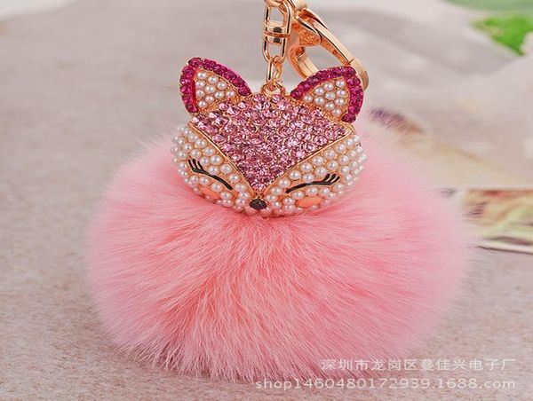 Rabbit Fur Ball y Round Ball avec bling Bling Bling Lovely Fox Metal Keychain Keyring Car Keches Purse Charms Handbag Pendant 2001930