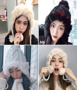 Chapeau de fourrure de lapin tricoté trappeur Cony cheveux mignon POMPON oreillettes hiver chaud laine à la mode filles casquette femmes mode chapeau avec chaîne14227356862