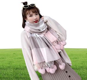 Konijnbont pom pom stal pashmina kasjmere sjaal geplande wollen sjaal voor vrouwen zachte warme vrouwelijke poncho mode dame sjaals y2001045016242