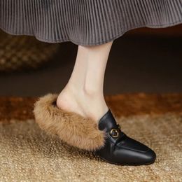 Rabbit Hair Cowhide 33-43 Metal Buckle Autumn Muller chaussures Golden Veet Retro Fashion Outwear Slippers 231219