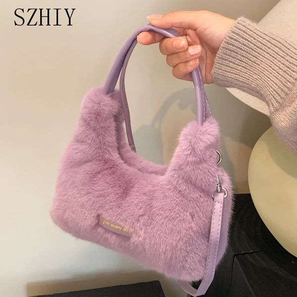 Sac à main en poils de lapin pour femmes, sac à bandoulière de luxe de styliste en peluche, petite poche d'hiver douce, sac à bandoulière pour filles, sac pour téléphone portable 240104