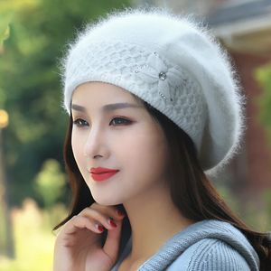 Chapeau en poils de lapin pour femmes, Protection des oreilles épaisse, tricoté, en laine, mode coréenne, béret tendance, hiver 240103