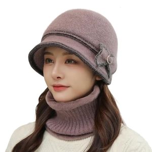 Lapin cheveux tricoté laine chapeau femmes hiver chaud couleur unie bassin casquettes femme mode Skullies bonnets Bonnet ensembles avec bavoir 240103