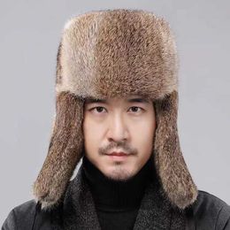 Chapéu Lei Feng de cabelo de coelho para homens no inverno, proteção de ouvido quente para pessoas de meia-idade e idosos, chapéu de pele para ciclismo ao ar livre, chapéu de algodão para pai 231015