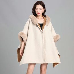 Lapin Imitation loutre col à capuche grand châle Cape tricoté Cardigan épais ample moyenne longueur manteau de fourrure femme