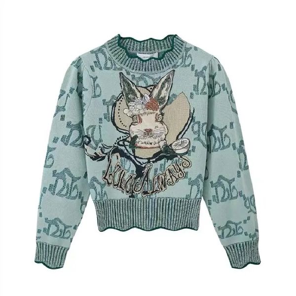Lapin Jacquard tricot pull pull femmes élégant Vintage mode Chic hauts automne hiver à manches longues col rond pulls tricots
