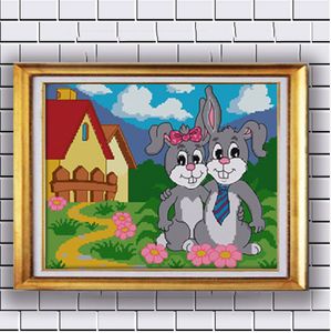 Pintura diy de dibujos animados de amantes del conejo, lienzo impreso con cuentas DMC 14CT 11CT, juegos de costura de punto de cruz chinos, kits de bordado