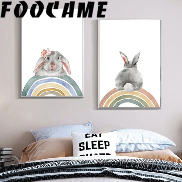 Affiche de lapin arc-en-ciel avec animaux, images murales décoratives, peintures nordiques, toile d'art imprimée, décor de pépinière, chambre d'enfant Kawaii, 240127