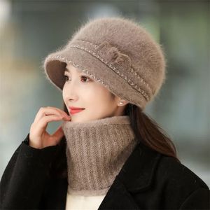 Lapin laine tricot chapeaux femmes chaud marque hiver bonnets casquettes dame siamois bavoir chapeau femme cheveux coupe-vent Plus velours casquette 240102