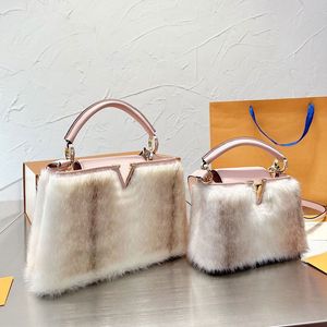Bolsos de mano de lana de conejo para mujer, bolsos suaves de marca Luxurys, bolso de hombro, bandolera con letras, asa de cuero genuino, 20cm, 28cm