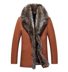 Veste en cuir pour hommes manteaux de fourrure d'hiver col de fourrure de raton laveur hauts de neige épaissir vêtements d'extérieur chauds pardessus coupe-vent imperméable 2019 luxe