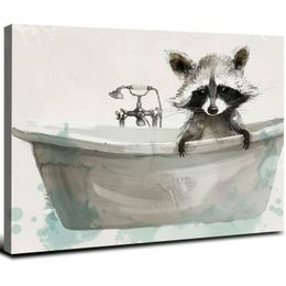 Raccoon dans une baignoire Dessin de salle de bain animale drôle, stellaire Design Studio Wall Art, Gray Framed