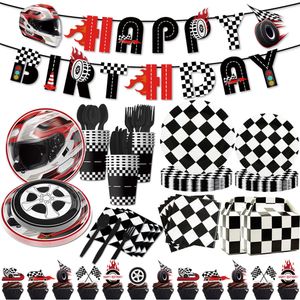 Race Car Party Supplies Car Wheel Plates Custs Napkins Noir Blanc à carreaux Nombre de cours