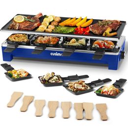 Racelete Dining CUSIMAX Barbecue électrique coréen 1500 W Grill à fromage 2 en 1 plaque antiadhésive double face crêpe Hine avec 8 palettes et pelles, bleu