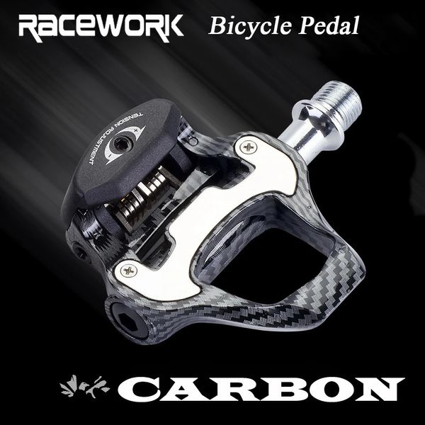 RACEWORK Pedal de bloqueo de bicicleta de carretera Textura de fibra de carbono ultraligera Rodamientos de paleta de aluminio autoblocantes Pedal R550 con bloqueo SPD 240105