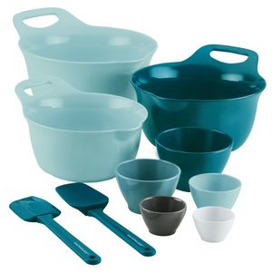Rachael Ray Mix and Measure, melamina, taza medidora para mezclar y nailon, juego de utensilios, 10 piezas, azul claro y verde azulado