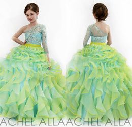Rachel Allan 2017 GLITZ Little Girls Pageant Dresses Ball Jurk een schouderkristallen kralen Twee kleuren Organza Kids Flower Girls Dres2175