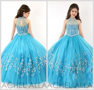 Rachel Allan Girls Pageant Jurken 2016 Nieuwe Sheer Hoge Hals Tule Blue Rhinestone Crystal Beads Glitz Baljurk Lange Bloem Meisjes Jurken 1570