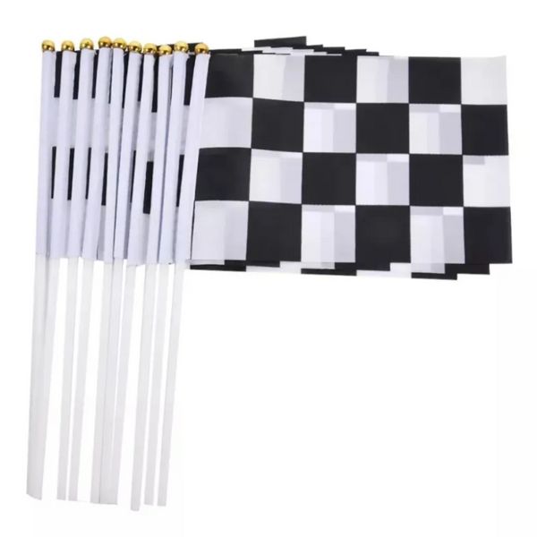 Racing Rejilla en blanco y negro Banderas de señal de mano A cuadros Banderas de ondas de mano a cuadros 14x21 cm Banner con asta de bandera Decoración del festival tt0325