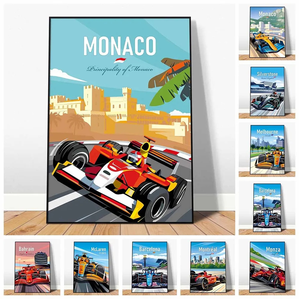 Racing Car Print Painting Formula 1 Countries Cities Race Track Racing Driver Wall Decor Print Poster Fashion Cars Canvas Painting Home Living Room Decor w06