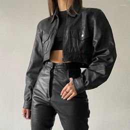 Racing Jackets Black Pu Short Jacket Coats Women 2023 Cool Fashion Zipper Motorfiets Rapel Pocket Punk Vrouwelijke Out -wear tops Coat