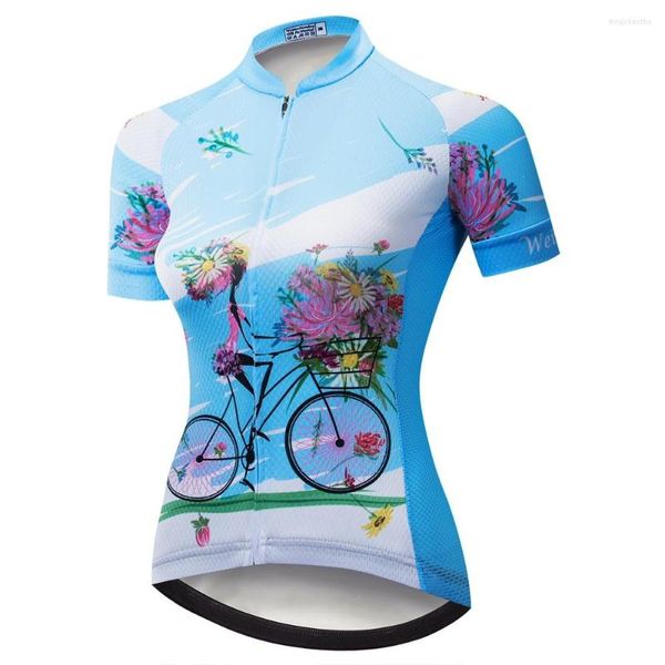 Racing Vestes Maillot De Cyclisme Femmes D'été À Manches Courtes Vélo Vélo Équipe Vtt Chemises Top Respirant Bleu Rose Vélo Vêtements Pour