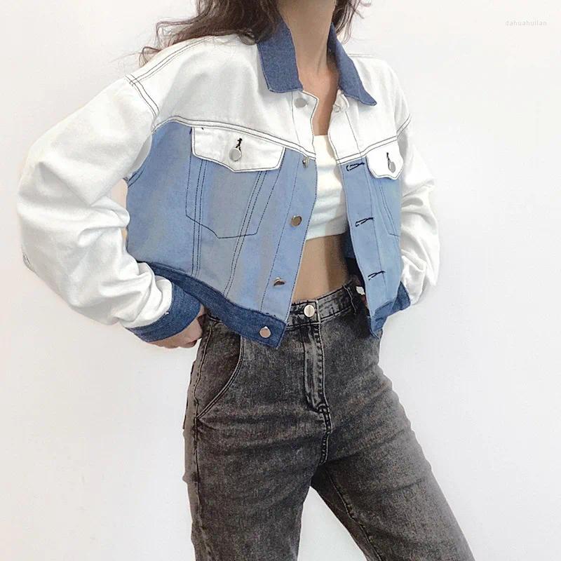 Racing Jackets Denim Jacket 2023 Women Color Block Fashion Female Short Coat Cool Lapel Bottons Slim Long-sleeve Woman Tops Spring