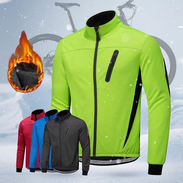 Vestes de course Hommes Hiver Chaud Cyclisme Veste À Manches Longues VTT Vélo De Route Jersey Coupe-Vent Imperméable Thermique Polaire Vêtements Réfléchissants