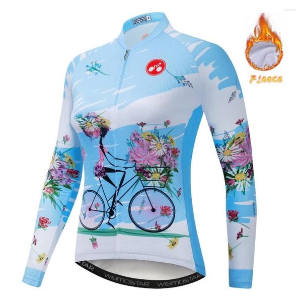 Racing Vestes VTT Hiver Polaire Thermique Femmes Maillot De Cyclisme À Manches Longues Maillot Ropa Ciclismo Vélo Veste Vélo Cycle Vêtements Fille Bleu