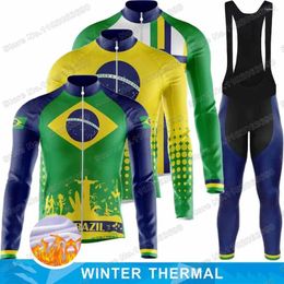 Ensembles de course 2024 Brésil Team Cycling Jersey Set Vêtements d'hiver Men de vélo de route Veste thermique Pantalon Bicycle Pantalon MTB Uniforme