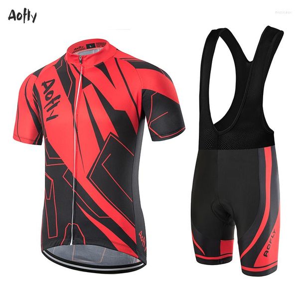 Ensembles de course Aofly 2023 Rouge Noir Rayures Maillot Cyclisme Manches Courtes Costume Respirant Hommes Été VTT Pro BICYCLETTE Séchage Rapide Triathlon