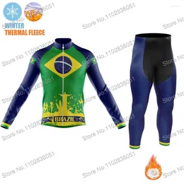 Racing Sets Brazil National Team 2024 Cycling Jersey Winter Set Vêtements Men de la route Veste thermique Veste thermique Suit BIC BIB COLLES MTB
