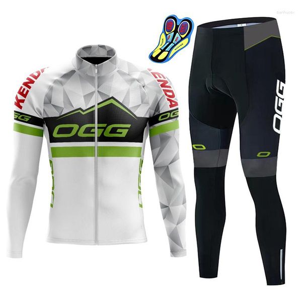 Sets de carreras Ciclismo Jersey Manga larga Babero Babero Pantalones Blanco verde 2023