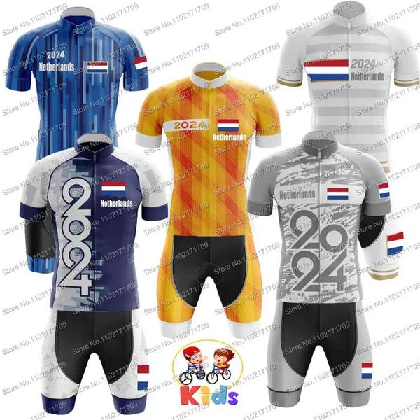 Sets Racing Kids 2024 Holanda del equipo de ciclismo Jersey Juego para niños Flagación de bicicleta Ropa de bicicleta azul Gris blanco MTB ROPA