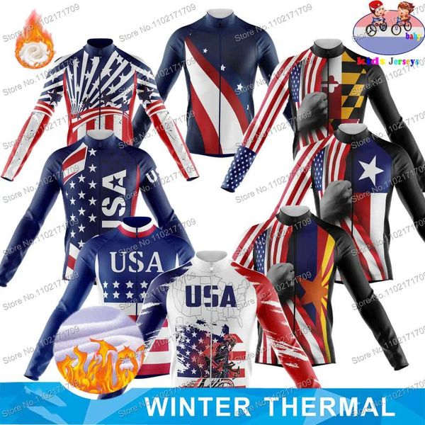 Ensemble de course Kids Winter Thermal USA Flag Jersey Jersey Boys and Girls Vêtements de toison Blue Bike Wear Teenage Bicycle