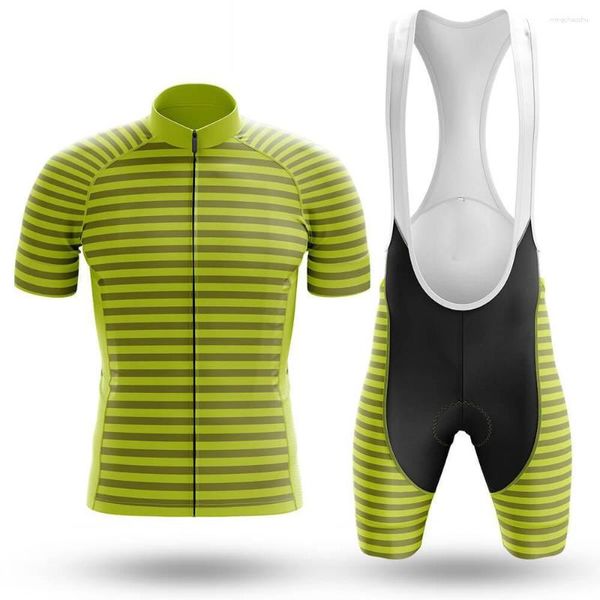 Conjuntos de carreras, conjunto de Jersey de ciclismo con rayas verdes lima, ropa de equipo deportivo para hombres, ropa de manga de verano de secado rápido, camiseta de paseo en carretera, babero corto de Gel