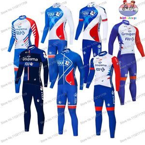 Ensembles de course Retro Groupama FDJ Team Cycling Jersey Kids Set à manches longues Kits pour adolescents Blue Blue Blue White