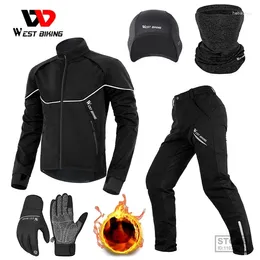 Ensembles de courses West Biking Winter Winter Cycling Suit thermal Fleece Windproof Bike Jersey Running Ski Bicycle Veste Pantalon M-3XL Sportswear