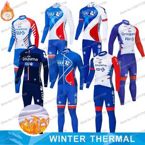 Ensembles de course Winter Thermal Team Groupama Fdj Cycling Jersey Set Mens and Womens Fleece Clothing Blue White Mtb Ropa de Ciclismo