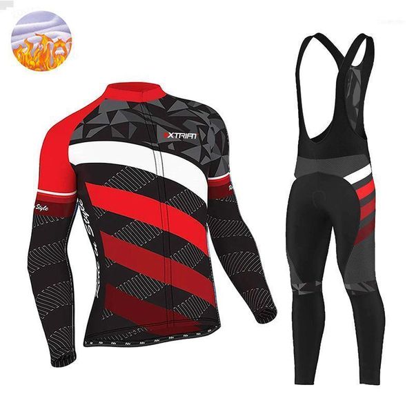 Conjuntos de carreras XTRIAT, conjunto de Jersey de lana cálido para hombre, conjunto de Jersey de lana térmica de invierno de manga larga para ciclismo al aire libre, ropa para bicicleta, pantalones con pechera, ropa deportiva