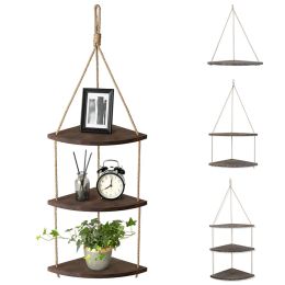 Racks 1/2/3 couches Retro Rope Wood suspension Rack Corner Mur Shelf House Storage Organisateur d'échelle Floative