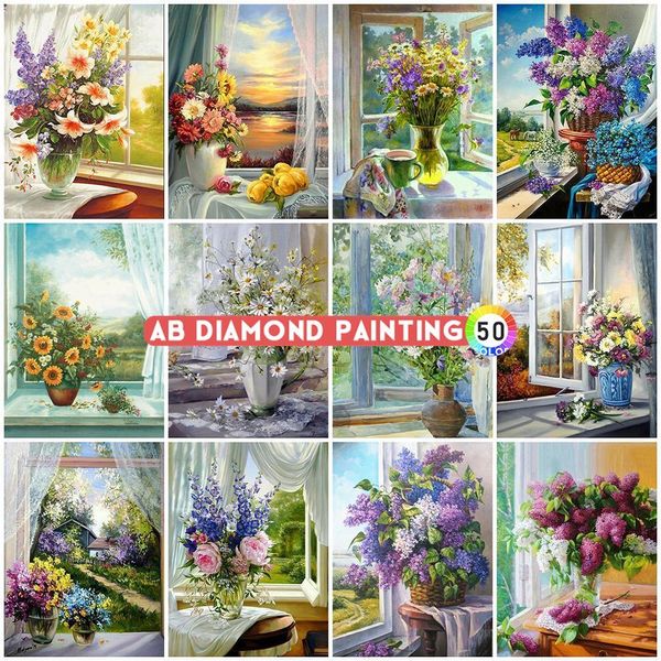 Bastidores Ab pintura de diamantes 5d Kits de cruz de flores bordado Margarita Lila arte mosaico decoración de ventanas taladro completo Diy pegatinas de pared