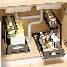 Bastidores Metal Hierro Estante de cocina Gabinete de escritorio Organizador apilable 2 niveles debajo del fregadero Caja de almacenamiento ajustable simple con cajón deslizante