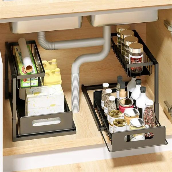 Étagères de cuisine en fer métallique, armoire de bureau, organisateur empilable à 2 niveaux sous l'évier, boîte de rangement simple et réglable avec tiroir coulissant
