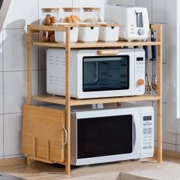 Racks Nouveaux comptoirs de cuisine étagère de rangement étagère de rangement multicouche en bambou ajusté étagère à four à micro-ondes avec porte-panneaux à crochet suspendu