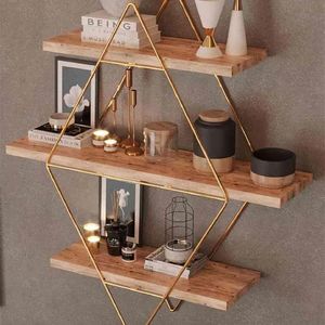 Rekken Prisma Massieve muur 3 planken Keuken Badkamer Boekenkast Groot formaat Premium natuurlijk hout Goud en zwart Metaal Modern Decoratief X0