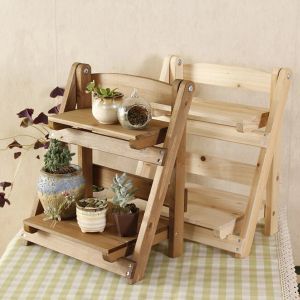 Supports Vintage en bois plante support 2 niveaux pliable pot de fleur support planteur pot présentoir balcon jardin cour étagères de rangement