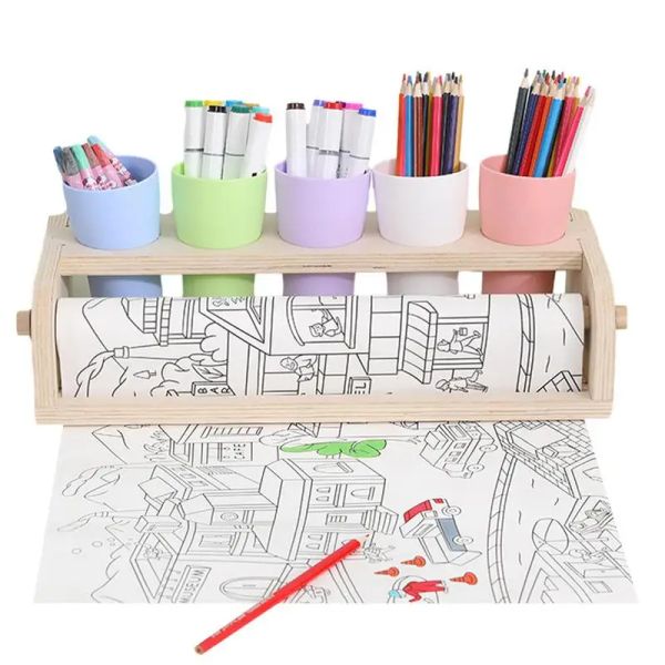 Supports de table en bois distributeur de rouleau de papier Art peinture support de rouleau de papier avec porte-crayon tasse bureau chevalet en bois massif pour enfants dessiner