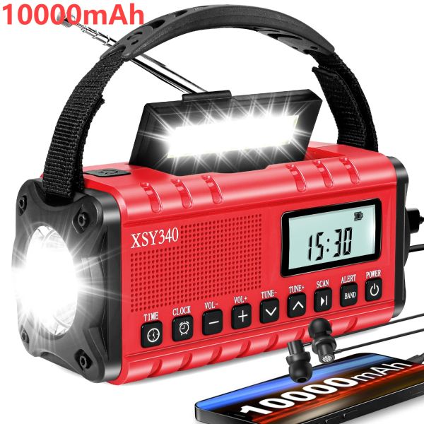 Radio 10 000 mAh AM FM Radio d'urgence à manivelle solaire AM FM NOAA Radio météo avec lampe de poche LED prise casque pour l'extérieur